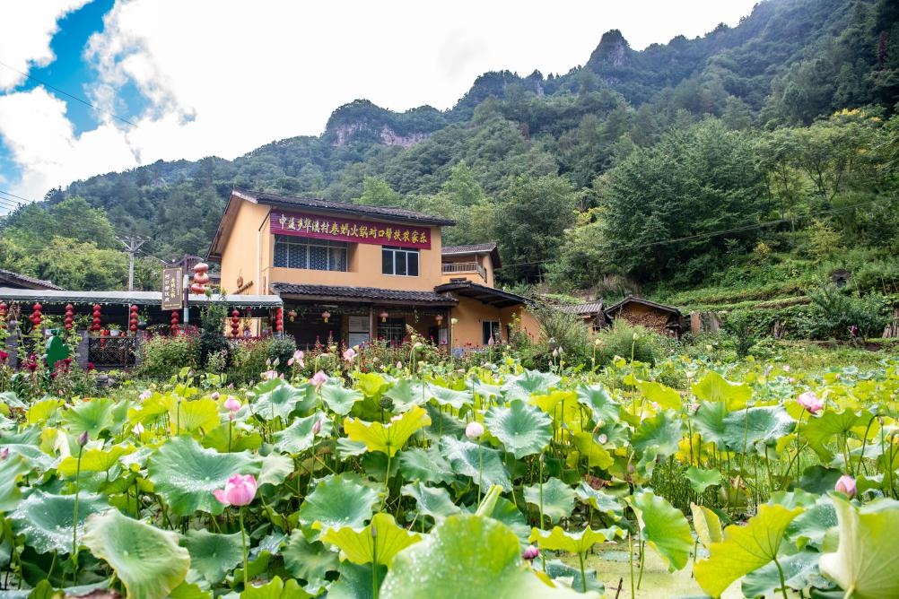 這是8月28日拍攝的華溪村村民開(kāi)設(shè)的農(nóng)家樂(lè)外景。新華社記者 唐奕 攝