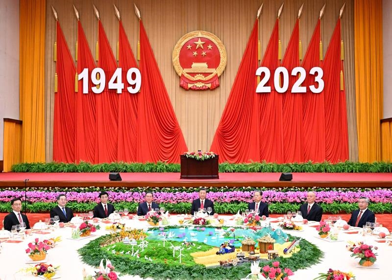 △2023年9月28日，慶祝中華人民共和國成立74周年招待會在北京人民大會堂舉行。