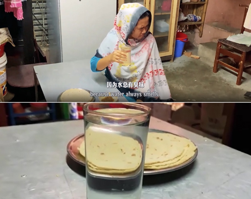 圖為紀(jì)實(shí)短片截圖：上圖為水質(zhì)未改善前，飲用水發(fā)黃渾濁；下圖為水廠建成后，飲用水水質(zhì)明顯改善，清澈透明。