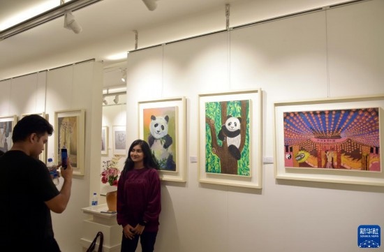 11月22日，在孟加拉國達卡，人們在“國家印象”繪畫展上參觀拍照。新華社發(fā)（薩利姆攝）