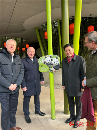 中國(guó)駐德國(guó)大使吳懇（右二）、柏林市長(zhǎng)韋格納（左二）、動(dòng)物園園長(zhǎng)克尼里姆（右一）和監(jiān)事會(huì)主席布魯克曼（左一）共同為“夢(mèng)想”“夢(mèng)圓”大熊貓紀(jì)念牌揭幕。人民網(wǎng)記者 徐馨攝