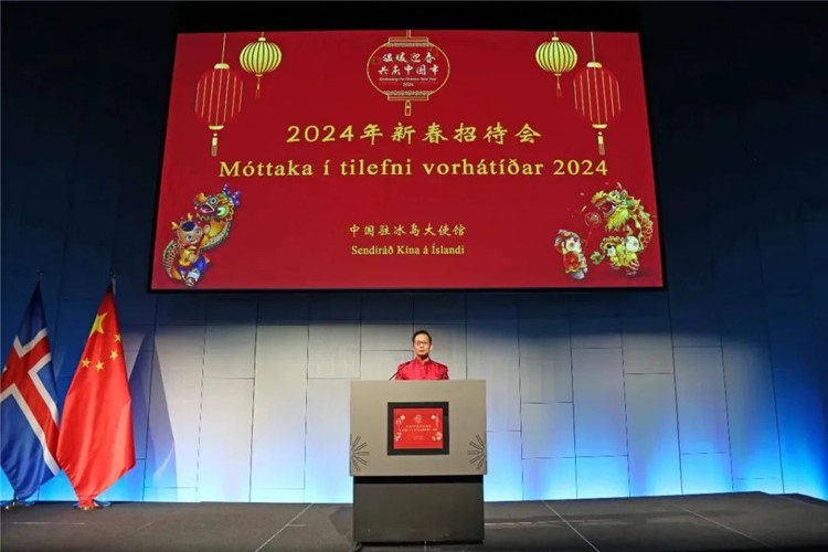 中國駐冰島大使何儒龍致辭。中國駐冰島大使館供圖
