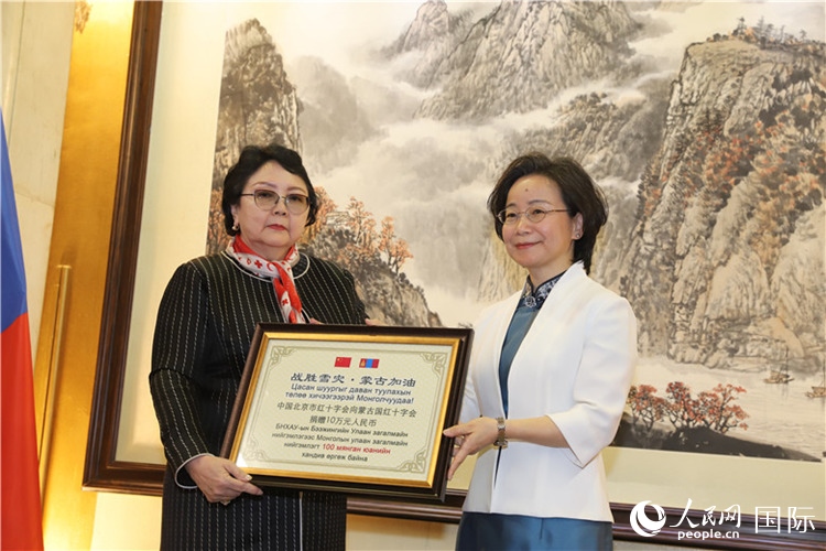 沈大使向?qū)殑跔柆敚ㄗ螅┟貢L轉(zhuǎn)交捐款。人民網(wǎng)記者 霍文攝