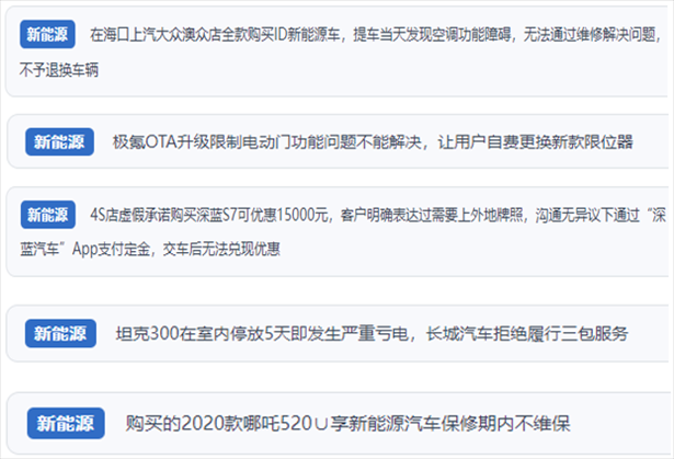 “人民投訴”用戶吐槽新能源汽車功能障礙多發(fā)、升級后配套服務(wù)跟不上、虛假優(yōu)惠、保修期內(nèi)不維保的問題。（“人民投訴”平臺截圖）