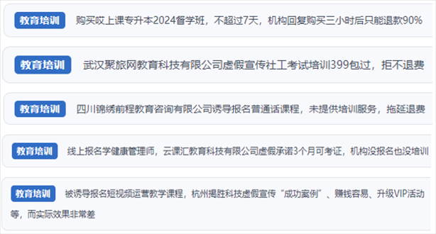 “人民投訴”用戶舉報(bào)機(jī)構(gòu)虛假宣傳包過包拿證、虛假承諾收益效果、課程服務(wù)貨不對板、退款難等在線教培亂象。（“人民投訴”平臺截圖）
