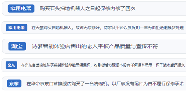 “人民投訴”用戶投訴掃地機(jī)、洗地機(jī)、洗碗機(jī)、老人平板電腦等智能生活產(chǎn)品質(zhì)量及售后問題。（“人民投訴”平臺截圖）