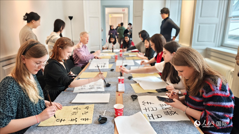 瑞典書法愛好者專心學(xué)習(xí)書法。人民網(wǎng)記者 殷淼攝