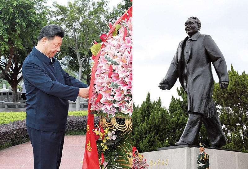 2020年10月14日，深圳經(jīng)濟(jì)特區(qū)建立40周年慶祝大會在廣東省深圳市隆重舉行。中共中央總書記、國家主席、中央軍委主席習(xí)近平在會上發(fā)表重要講話。這是當(dāng)天下午，習(xí)近平來到蓮花山公園，向鄧小平同志銅像敬獻(xiàn)花籃。 新華社記者 王曄/攝