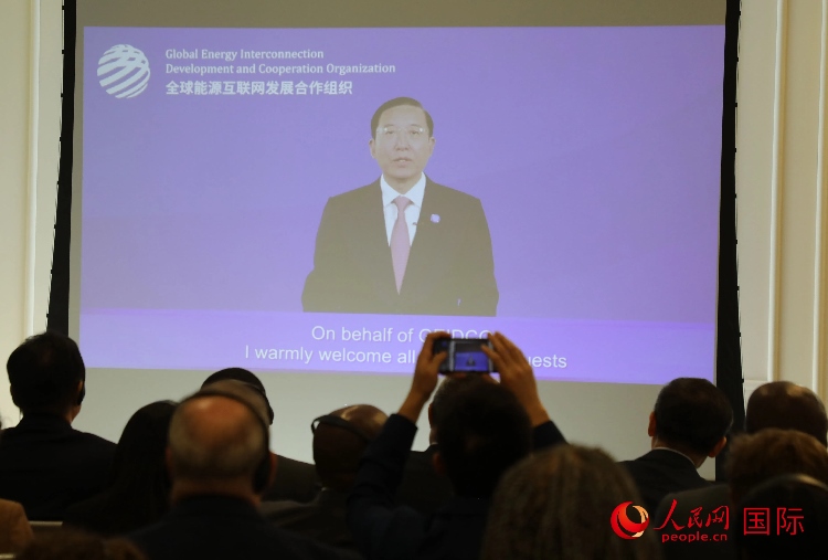 全球能源互聯(lián)網(wǎng)發(fā)展合作組織主席、中國電力企業(yè)聯(lián)合會理事長辛保安通過視頻方式致辭。人民網(wǎng)記者 李志偉攝