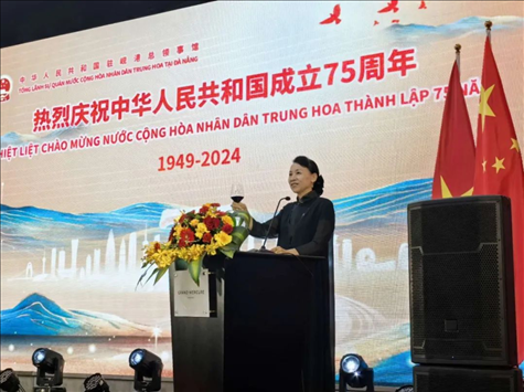 中國駐峴港總領(lǐng)事董碧幽在招待會(huì)上致辭。中國駐峴港總領(lǐng)館供圖