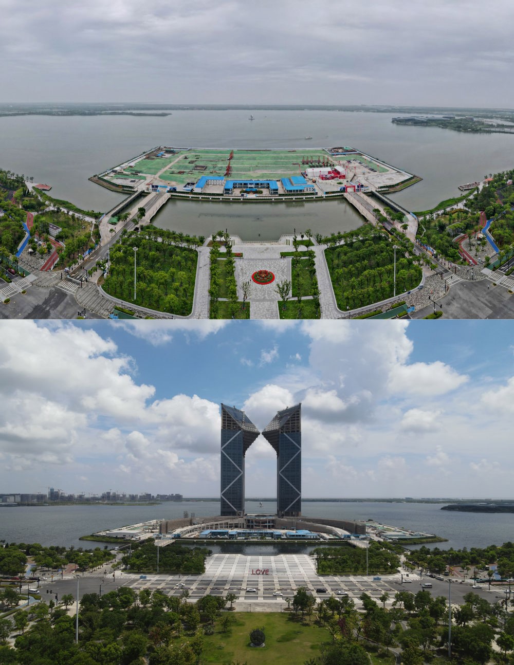 拼版照片：空中俯瞰中國（上海）自由貿(mào)易試驗區(qū)臨港新片區(qū)滴水湖西島中銀金融中心項目現(xiàn)場（上圖為2021年6月20日攝，無人機照片；下圖為2024年8月14日攝，無人機照片）。2019年8月20日，臨港新片區(qū)揭牌成立，一個開放新高地在長江與東海交匯處日益崛起。