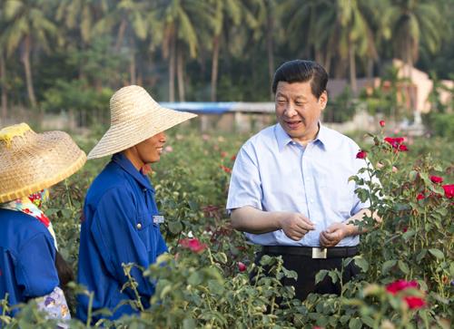 △2013年4月9日，習(xí)近平總書記在海南亞龍灣蘭德玫瑰風(fēng)情產(chǎn)業(yè)園向花農(nóng)了解玫瑰種植管理技術(shù)。